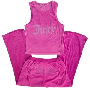 Juicy Couture Y2k 90s Pink Velour Tank + Wide Leg Pant Set Big Bling Spellout